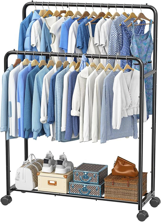 Simple Trending Clothing Clothes Rack Double Rods with Wheels, Rolling Metal Garment Rack for Hanging, Black