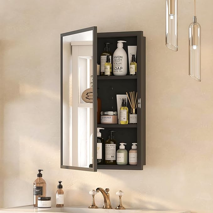 Metal Recessed Medicine Cabinets for Bathroom,Wall Mounted Medicine Cabinet with Mirror,Bathroom Cabinet with Mirror,Adjust Shelves Mirrored Cabinets with Storage,Fully Assembled 16x26