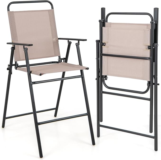COSTWAY Outdoor Folding Bar Chairs Set of 2, 24 Inch Counter Height High Top Chairs with Metal Frame, Armrest & Footrest, Patio Barstools for Balcony, Poolside, Backyard, Beige