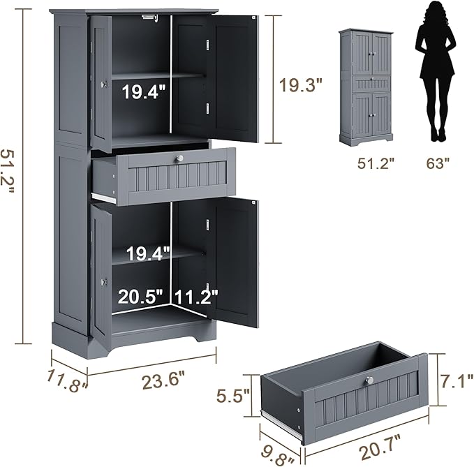 ChooChoo 51" H Tall Bathroom Floor Cabinet, Modern Bathroom Storage Cabinet with Drawer and Adjustable Shelves, Freestanding Kitchen Pantry Cupboard with 4 Doors for Living Room, Grey