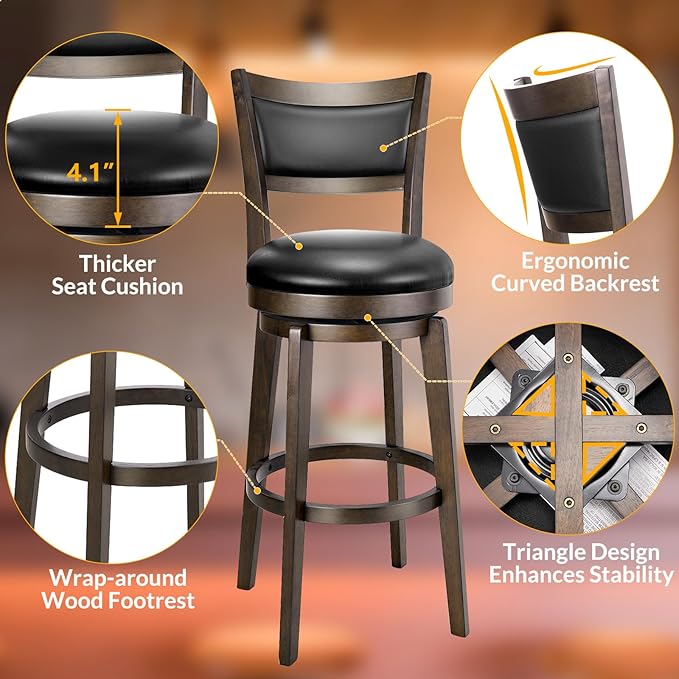 PrimeZone Swivel Bar Stools Set of 3, 30 Inch Bar Height Barstools, Black Faux Leather Bar Stool with High Backrest & Solid Wood Legs & Wrap-Around Footrest, Counter Stools for Kitchen Island, Pub