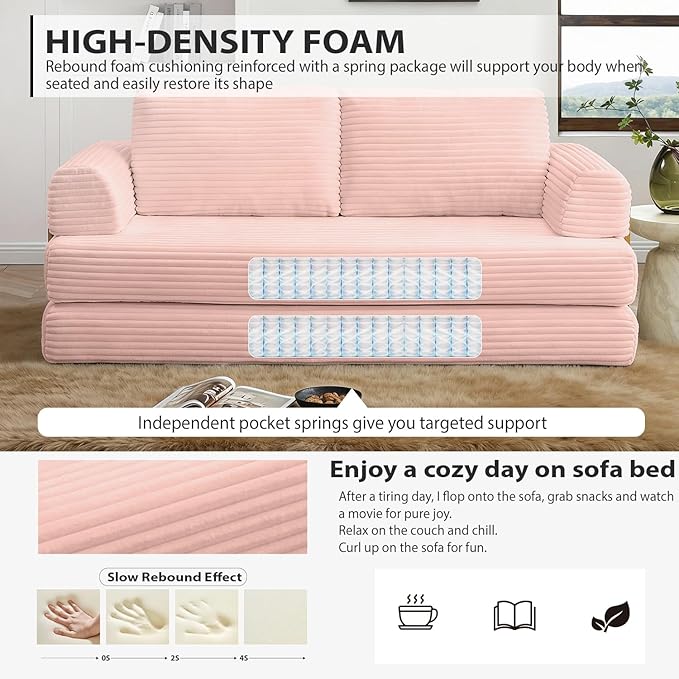 HANXIN 80 Inch Convertible Sleeper Sofa Bed, High Back Plush Corduroy Folding Floor Mattress Couch with Fixed-Shape Frame, Boneless Futon Loveseat with Pull Out Bed, No Assembly Required (Pink)