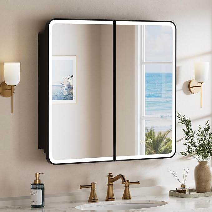 32x30 Inch Medicine Cabinet with Mirror, Recessed or Surface Mount Bathroom Medicine Cabinet with LED Lights, Anti-Fog, Memory Function, Adjustable Shelf, Dimmable Light, ETL Listed, Black