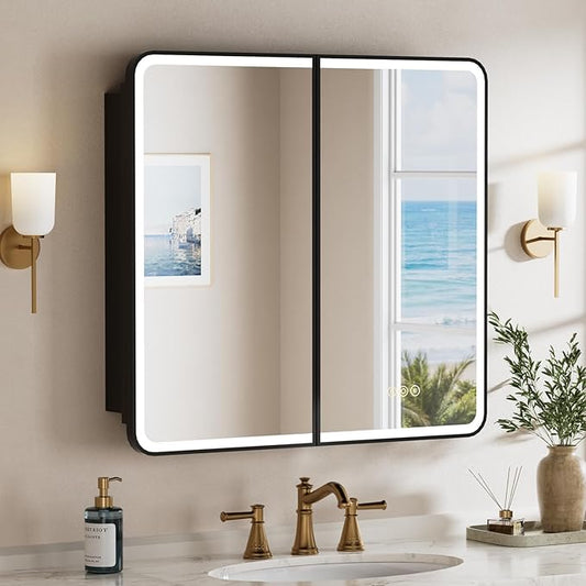 32x30 Inch Medicine Cabinet with Mirror, Recessed or Surface Mount Bathroom Medicine Cabinet with LED Lights, Anti-Fog, Memory Function, Adjustable Shelf, Dimmable Light, ETL Listed, Black