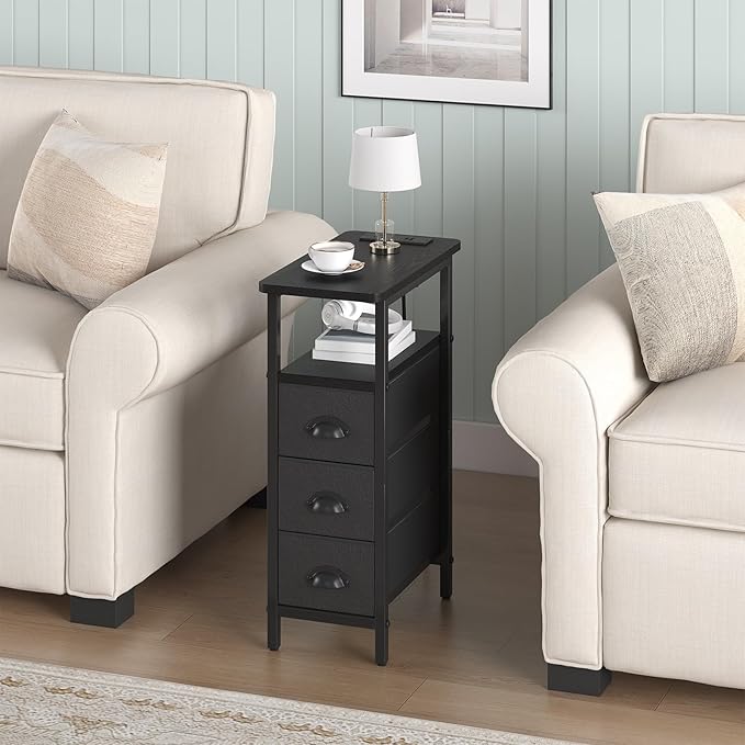 sthmec End Table with Charging Station,Narrow Side Tables with USB Ports and Outlets,Skinny Bedside Tables with 3 Drawers,Small Tables Nightstands for Small Space,Slim Sofa Table for Livingroom,Black