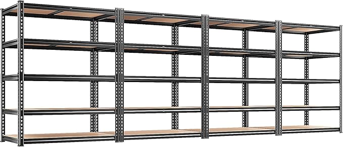 REIBII 2400LBS Storage Shelves 5 Tier Garage Shelving Heavy Duty, Adjustable Metal Shelving, Garage Shelves for Basement, Warehouse, Pantry, Closet, Kitchen 72" H x 36" W x 16" D, Black, 4 Pack