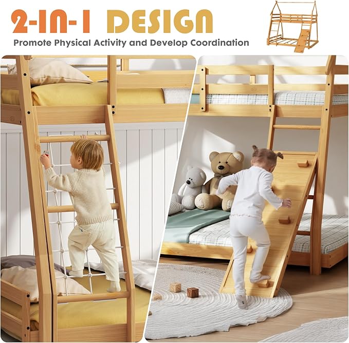 DUMOS Bunk Bed Twin Over Full Size, Wooden House Bunk Bed with Climbing Nets & Ramp, 82'' High Kids Bed Frame for Boys Girls Bedroom, Dorm, No Box Spring Needed