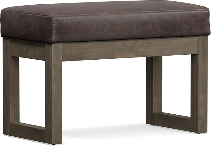 SIMPLIHOME Milltown Small Ottoman Bench - 27" Wide x 18" High Upholstered Vegan Leather Rectangle Footstool Ottoman in Distressed Brown, Contemporary Bench for Bedroom with Cushioned Seat, Assembled