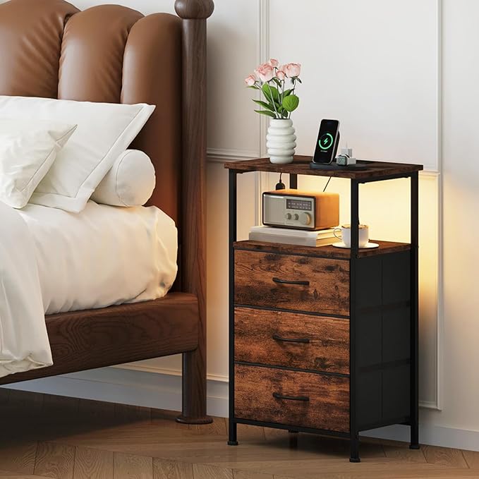 Somdot Nightstands Set of 2,Bedside Tables with Charging Station and LED Lights,Night Stand with 3 Drawers, End Tables with Open Shelf for Small Spaces Bedroom Entryway Hallway, Wood Grain Print