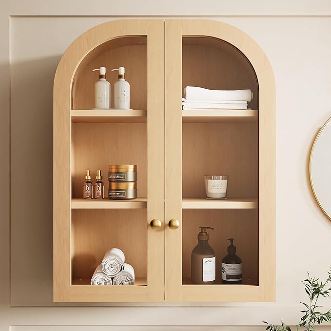 Fatmok Set of 2 Arched Bathroom Wall Cabinets with Glass Doors – Over-The-Toilet Storage Cabinet with Adjustable Shelf, Wood Floating Medicine Cabinet for Bathroom, Laundry Room, Kitchen, Natural Wood