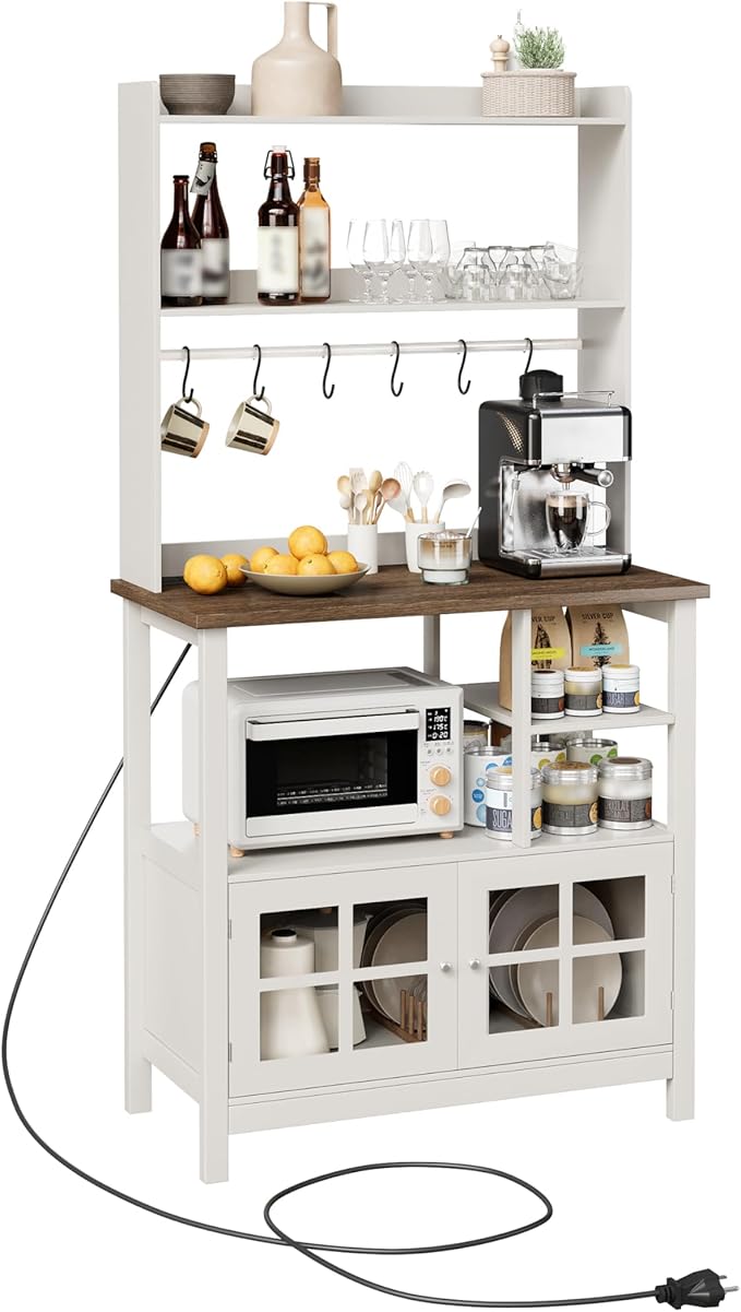 ChooChoo Farmhouse Bakers Rack with Power Outlets and Storage, Coffee Bar Cabinet with Storage, Microwave Stand Kitchen Cabinet with Hutch and 6 Hooks, Soft White & Brown