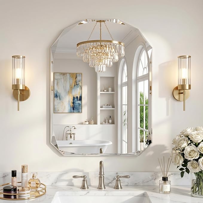 Suidia Bathroom Mirror, 30"x 40" Wall Mirror, Frameless Bathroom Mirror with Beveled Edge for Bedroom, Living Room, Entryway, Hallway, Arched Shape