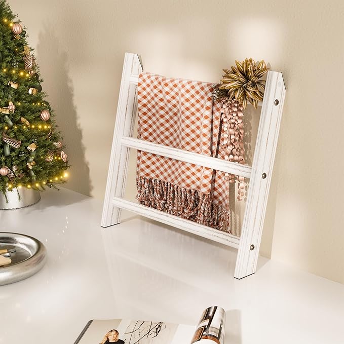 XLHOMO White Blanket Ladder Wall-Mounted, 3 Tier Wooden Rustic Mini Ladder Shelf for Living Room & Bathroom, Holder Display Hanger, Wall Hanging Blanket Rack with Rope for Home Christmas Decor