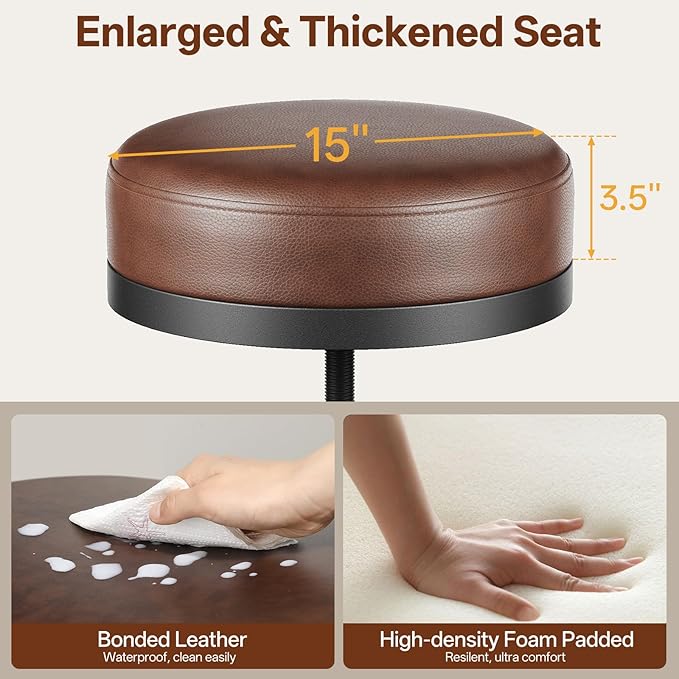 Raynesys Adjustable Height Swivel Bar Stools Set of 3, 22-29 Inch Industrial Vintage Bar Counter Height Stools with Thicken Premium Bonded Leather Seats & Updated Footrests, Easy Assembly, Brown