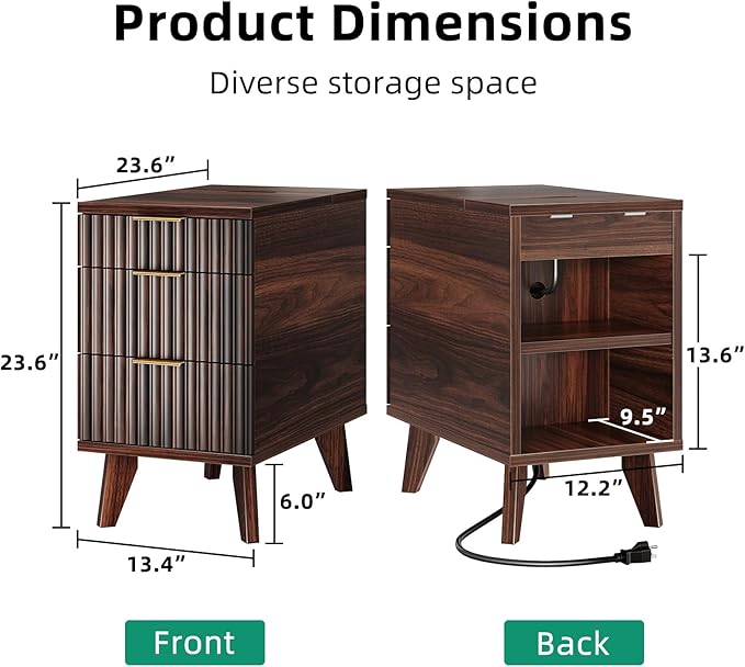 Kalrin Charging Nightstand with Hidden Outlets & 3 Drawers, Modern End Table, Bedside Table with USB Ports, Wave Groove Design, Compact Size, Heavy Duty Engineered Wood, Vintage Brown