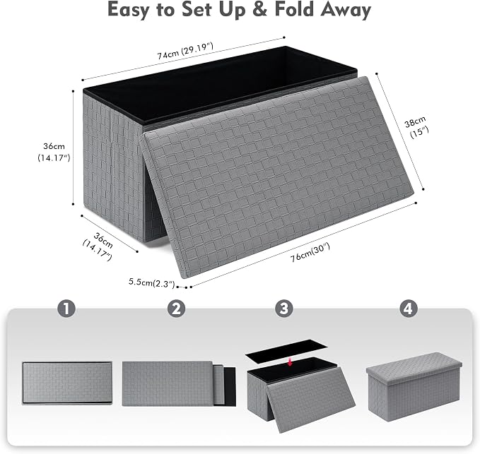 B FSOBEIIALEO Folding Storage Ottoman, Faux Leather Footrest Seat Long Bench Storage Box Chest, Grey 30"x15"x15"