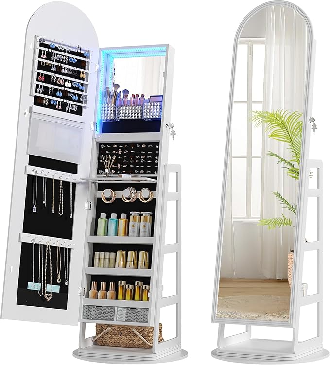 HWB LED Mirror Jewelry Cabinet, 360° Swivel Jewelry Organizer Standing, Arched Wide Full-Length Mirror with Storage Shelves, Interior Mirror, Gift Jewelry Armoire for Lady Girls