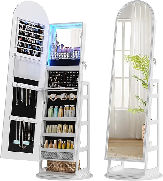 HWB LED Mirror Jewelry Cabinet, 360° Swivel Jewelry Organizer Standing, Arched Wide Full-Length Mirror with Storage Shelves, Interior Mirror, Gift Jewelry Armoire for Lady Girls