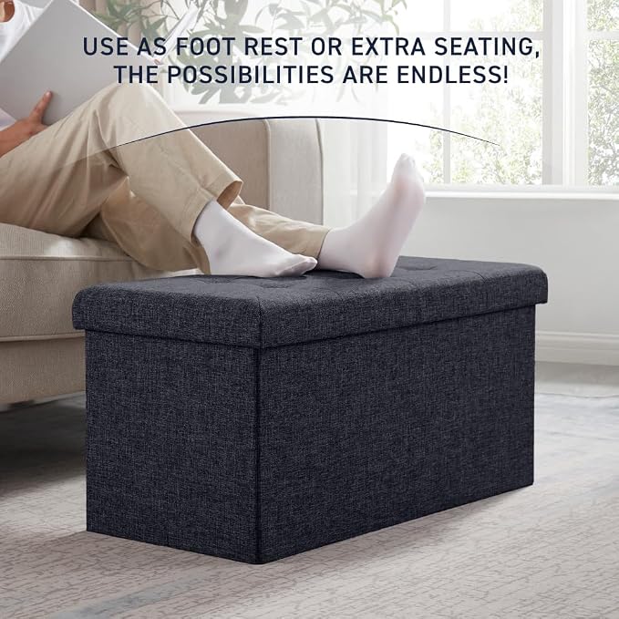 Ornavo Home Foldable Tufted Linen Large Storage Ottoman Bench Foot Rest Stool/Seat - 15" x 30" x 15" (Black)