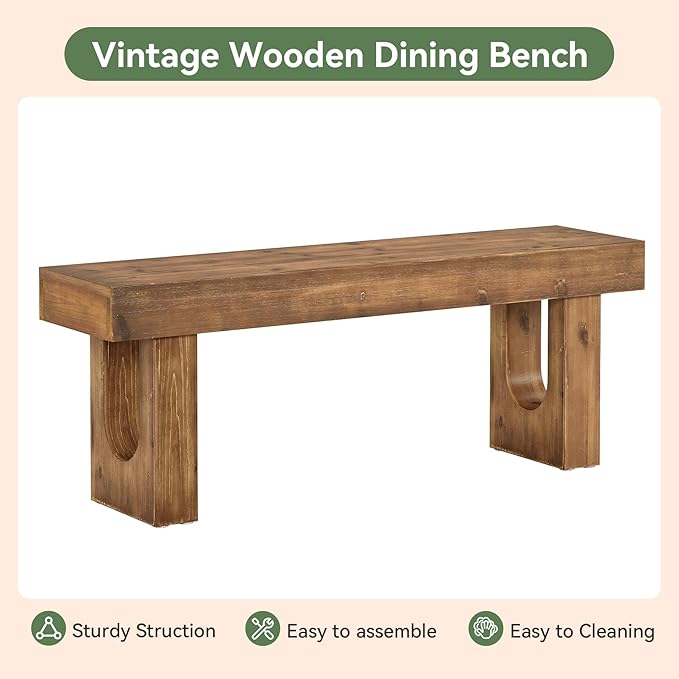 47" Long Solid Wood Dining Bench, Farmhouse Indoor Narrow Kitchen Table Bench with Sturdy Legs for Dining Room, Kitchen, Living Room, Easy Assembly, Rustic Brown