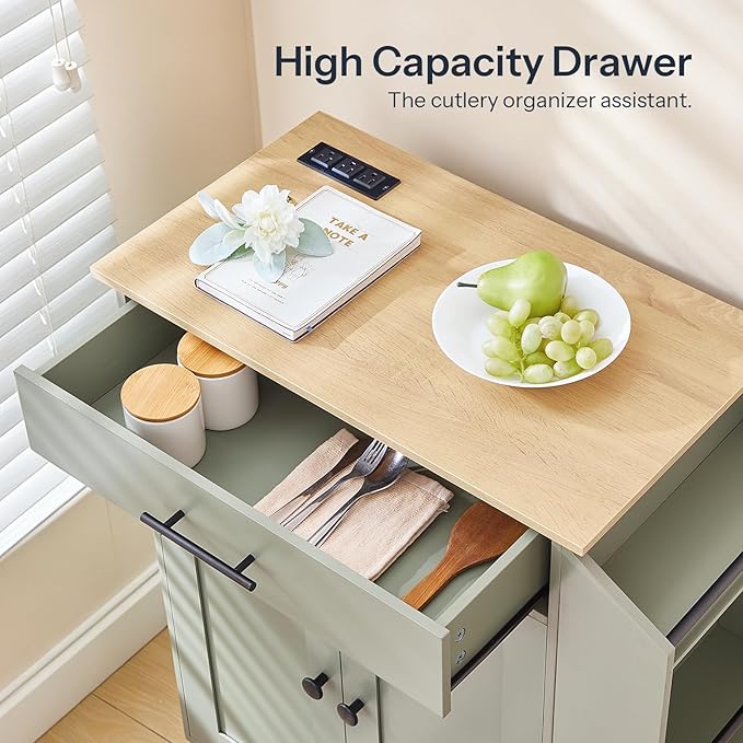 HOOBRO Kitchen Island with Power Outlet, Storage Island with Spice Rack and Drawer, Rolling Kitchen Cart on Wheels, for Home, Dining Room, Natural and Green JN82UZD01G1