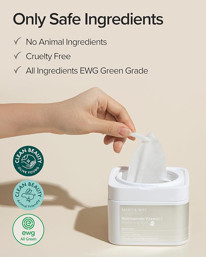 Mary&May Niacinamide Vitamin C Mask (30 Sheets) - Korean Face Mask for Glowing Skin - Daily Sheet Mask for Dark Spots & Dullness - Fragrance-Free, 13.52 fl.oz
