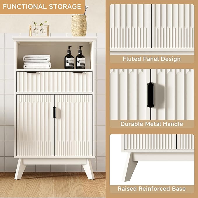 Fatmok Buffet Cabinet with Storage, 40" Modern Fluted Coffee Bar Cabinet with Drawer & Open Shelf, Wood Buffet Sideboard Console Table for Entryway, Kitchen, Living Room (White)