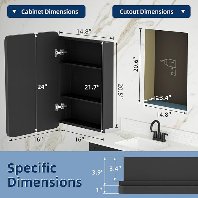 Bathroom Medicine Cabinet with Mirror 16 x 24 Inch, Black Medicine Cabinet Recessed or Surface Wall-Mounted, Mirrored Cabinets with 2 Adjustable Shelves for Bathroom Vanity