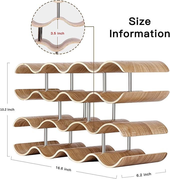 Countertop Wine Rack - 14 Bottle Freestanding Wine Bottle Holder Stand - 4 Tier Wooden Wine Storage Rack - Wavy Wine Organizer for Cabinet Pantry Home Kitchen Bar