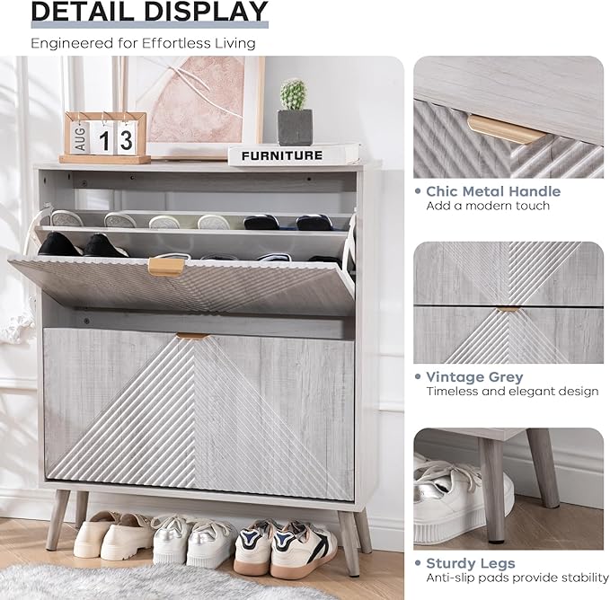 oakvivo Shoe Cabinet with 2 Flip Drawers, Freestanding Shoe Organizer with 4 Wooden feet, Modern Shoes Storage Cabinet for Entryway, Hidden Narrow Shoe Rack Cabinet for Foyer, Hallway, Mudroom, Grey