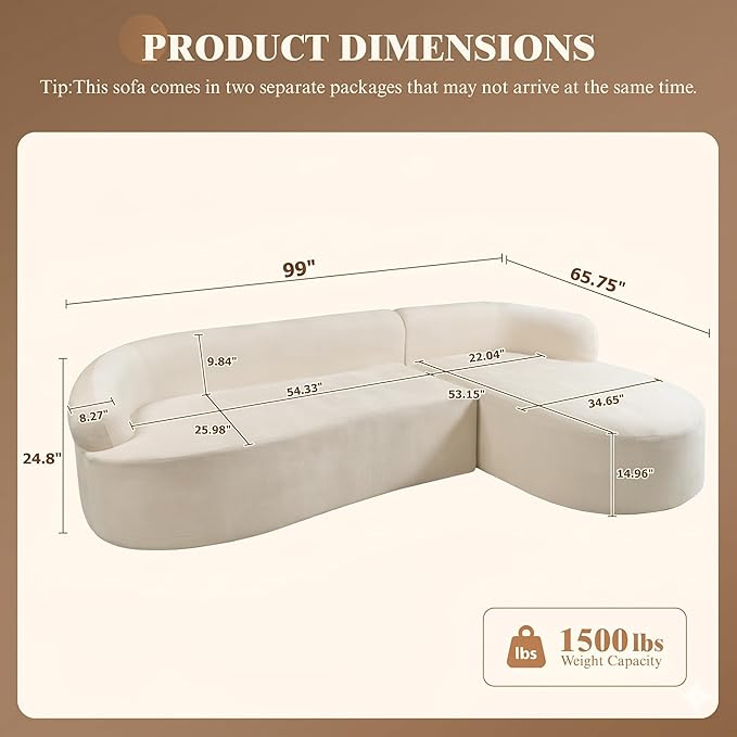 99" Curved Sectional Sofa with Chaise, Modern Boneless Couch with Deep Seat, L Shaped 3-Seater Cloud Couch for Living Room, No Assembly Needed, Chenille (Beige, Right Chaise+Left Sofa)