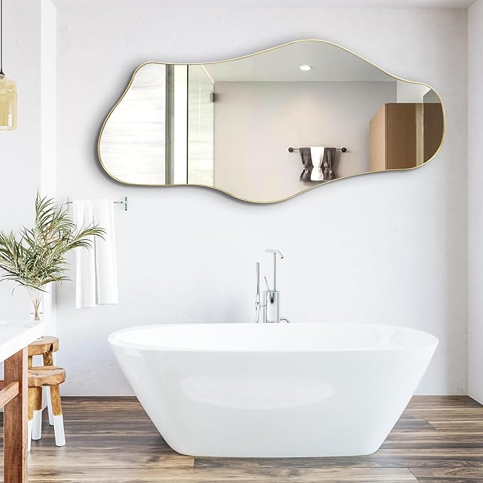 Large Irregular Mirror, 55"x25.6" Asymmetrical Aesthetic Mirror with Gold Metal Frame, Modern Organic Mirrors for Living Room Bedroom Hallway Entryway, Horizontal or Vertical Hanging