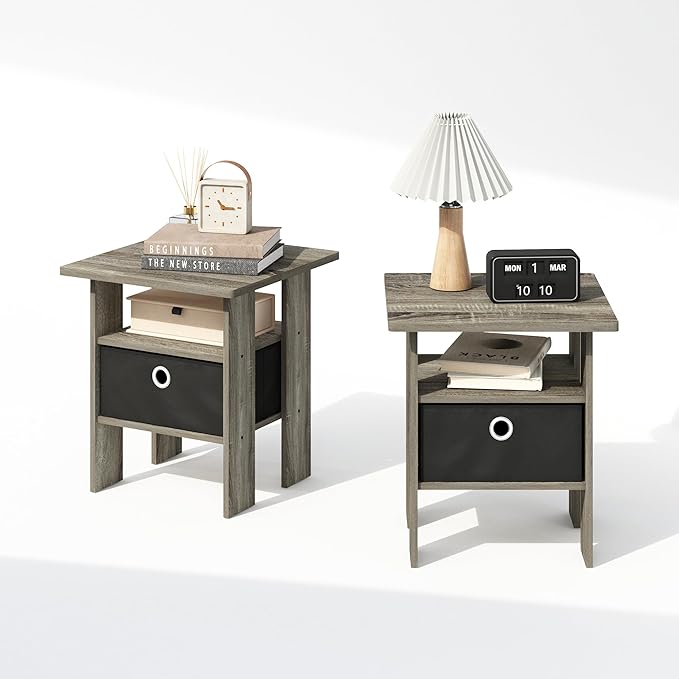 Furinno TIDUR Night Stand Set of 2, Open Shelf Design Nightstand with Storage Bin, Bedside Table, End Table, Side Table, for Bedroom, Closet, Dorm, French Oak