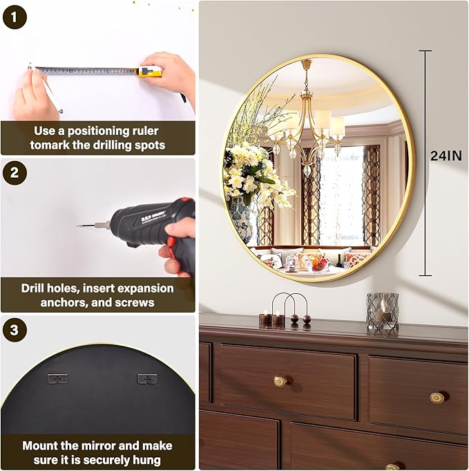 XRAMFY 24 Inch Round Mirror - Circle Mirrors for Bathroom, Entryway and Living Room Wall Decor, Modern Hanging Vanity Mirror, Matte Gold Circle Decorative Wall Mirror