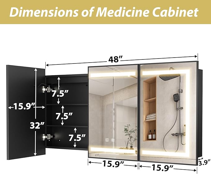 APRILSOUL 48x32 Inch Lighted Bathroom Medicine Cabinet with Mirror, Black Recessed or Surface Mount Medicine Cabinet Mirror with Storage and LED Lights, 3 Colors Temperature, Dimmable Light