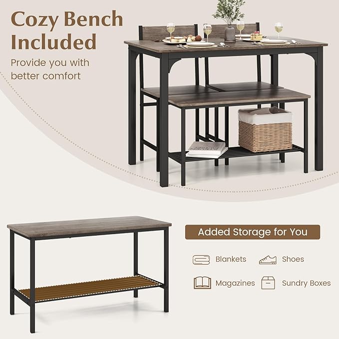 COSTWAY Dining Table Set for 4, Rectangular Kitchen Table Set with Bench and 2 Chairs, Storage Rack & Metal Frame, 4-Piece Dining Room Table and Chairs Set for Small Space, Apartment (Grey)
