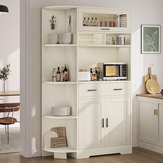 YITAHOME Kitchen Pantry Storage Cabinet, 67" Tall Kitchen Hutch with Outlet & Door & Shelves & Drawer, Farmhouse Wooden Microwave Stand Buffet Coffee Bar for Home Living Dining Room, Off-White