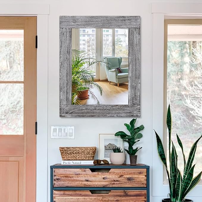 Wall Mirror Rustic Wooden Frame Rectangle Mirror Vintage Hanging Mirror for Bedroom Bathroom Living Room Farmhouse Wall Decor Large 26" x 18"