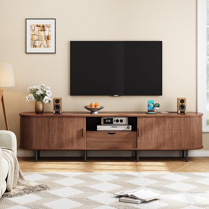 ONBRILL 86.6" TV Stand with Power Outlet for TVs up to 90", Entertainment Center with Storage and Drawer, TV Console with Adjustable Shelves and Sliding Door, TV Stand for Living Room, Bedroom, Walnut