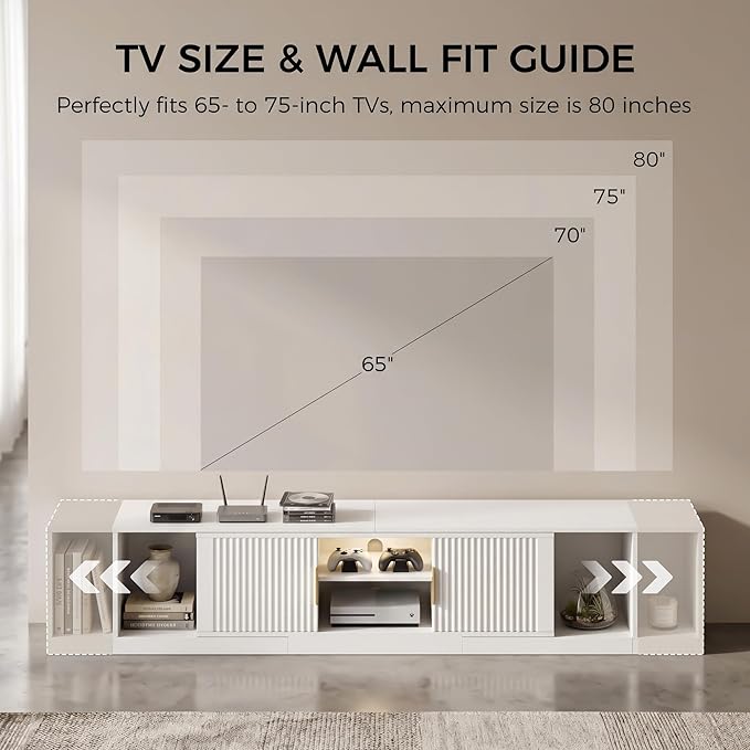 IRONCK TV Stand for 55-80 Inches TVs, 63"-84.6" Adjustable Length, Extendable Corner Entertainment Center with Storage Cabinets, Fluted Doors Modern Media Console, Ideal for Living Room, White