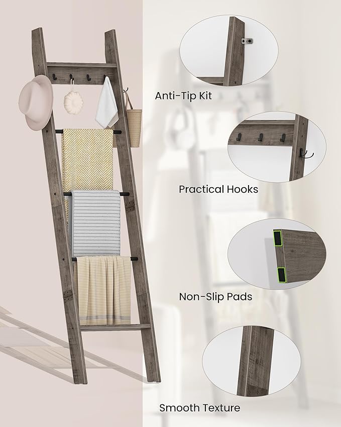 CHOEZON 5-Tier Blanket Ladder, Wooden Blanket Display Rack, Towel Ladder with Hooks, Wall Leaning Display Shelf, for Living Room, Bedroom, Balcony, Greige and Black MCJ02BG