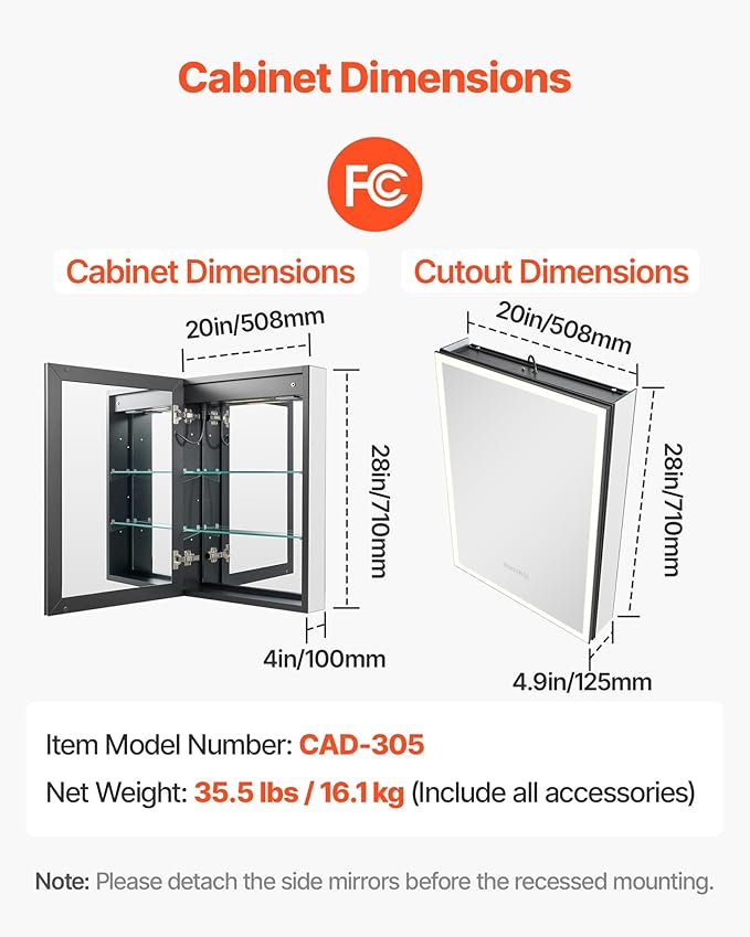 VEVOR Lighted Medicine Cabinet with Mirror, 20 x 28 in Recessed or Wall Mount, 3 Color Dimmable LED Bathroom Medicine Cabinet with Sensor Light, Adjustable Shelve Storage, Memory Defog Function