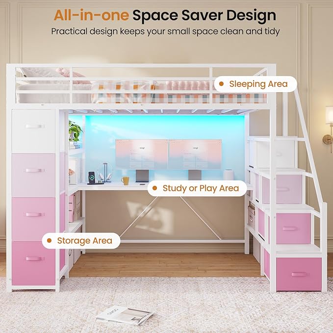 DICTAC Loft Bed Twin Size with Storage Stairs,Desk and Power Strips,Metal Twin Loft Bed with LED Lights,8 Storage Drawers &Open Shelves,Loft Beds for Kids,Teens,Adults with Safety Guardrail,White+Pink