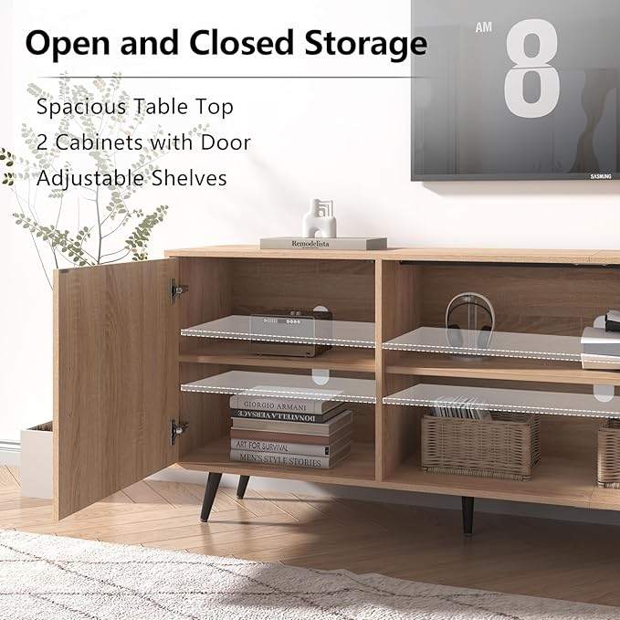 80 Inch Mid Century Modern TV Stand for 75 Inch TV, Wood TV Stand with Storage, Entertainment Center for Living Room Bedroom, TV Media Console, Oak