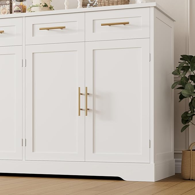 HOSTACK 60" Large Buffet Sideboard with Storage, 36" Tall Kitchen Buffet Storage Cabinet with 4 Drawers, Modern Coffee Bar Cabinet with Gold Handles, Long Sideboard Buffet Table for Kichen, White