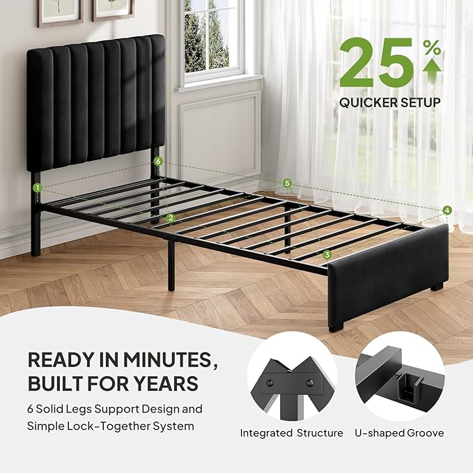 Welzona Kids Twin Upholstered Bed Frame with Headboard, Velvet Upholstered Metal Platform Bed Frame with Vertical Tufted Headboard, 3-Level Height, Metal Slat Support, Noise-Free Easy Assembly, Black