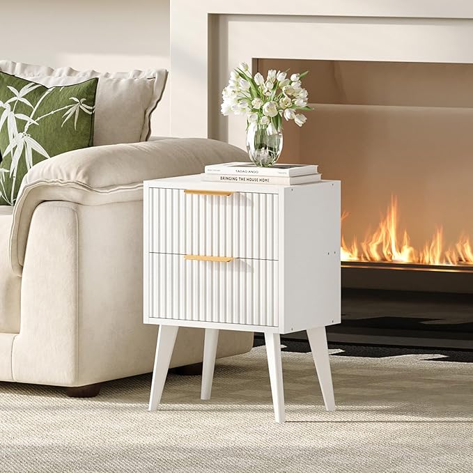 YAUKOMEL Fluted Nightstand with 2 Drawers,Modern Bedside Table with Metal Handles,Side Table with Solid Wood Legs,End Table for Living Room,Bedroom,Small Spcae 11.8" D x 15.7" W x 22.8" H White CTG55W