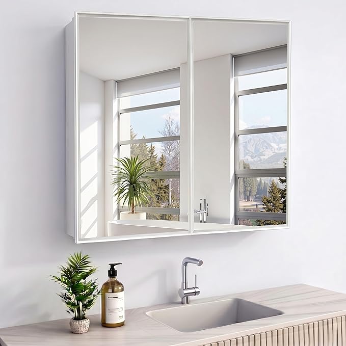 26 x 32 Inch Bathroom Medicine Cabinet with Double Mirror Doors, Recessed or Surface Mount Wall Cabinet for Bathroom, Plastic Frame & Removable Glass Shelves