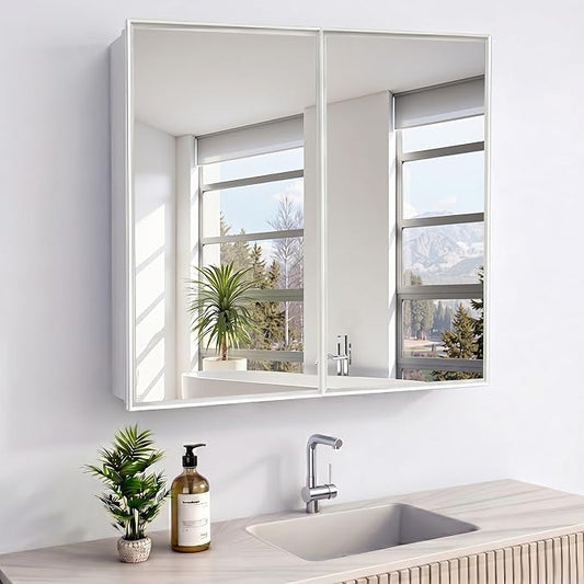 26 x 32 Inch Bathroom Medicine Cabinet with Double Mirror Doors, Recessed or Surface Mount Wall Cabinet for Bathroom, Plastic Frame & Removable Glass Shelves