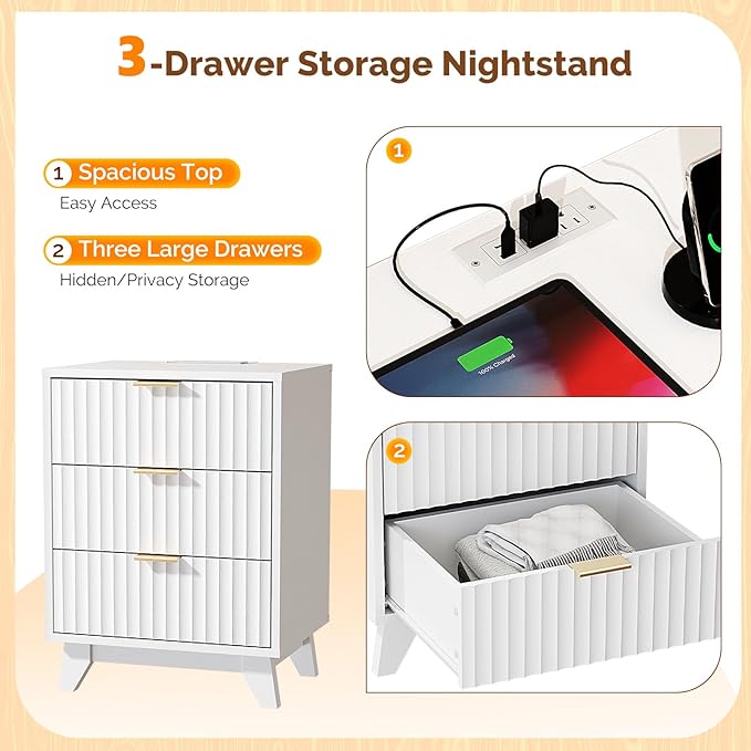 VINGLI Fluted White Nightstand with Charging Station, 3 Drawer White Night Stand Bedside Table with Drawers for Bedroom, Fluted Bedside Table/End Table/Side Table, 17.72" W*13.78" D*23.62" H, 1 pc